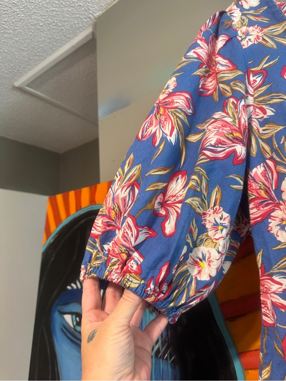 NWT A New Day L Blue Bold Floral Cotton Linen Puff Sleeve Mini Dress Pockets - Picture 5 of 10